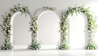 Fototapeta premium A pristine white arched backdrop adorned with delicate white roses and lush greenery, providing an elegant, natural, and inviting ambiance