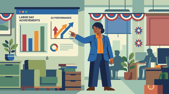Business Woman Presenting Q3 Performance Report in Decorated Office
