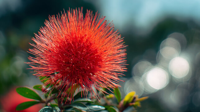 Bright red spherical Calliandra flower in full bloom. Delicate spiky filaments catching light against a soft, blurred background