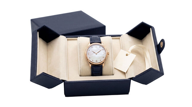 Elegant wristwatch in open case on transparent background