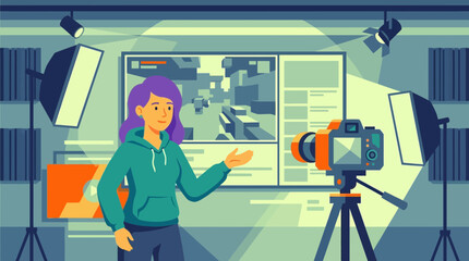 Fototapeta premium Female Content Creator Hosting Video Stream in Professional Studio