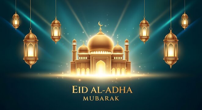 Eid al adha mubarak a wonderful islamic festival with colorful lanterns and a beautiful mosque