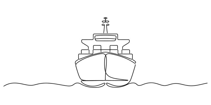 Continuous line drawing of a large cargo ship sailing on wavy ocean water isolated on white background. Vector, illustration