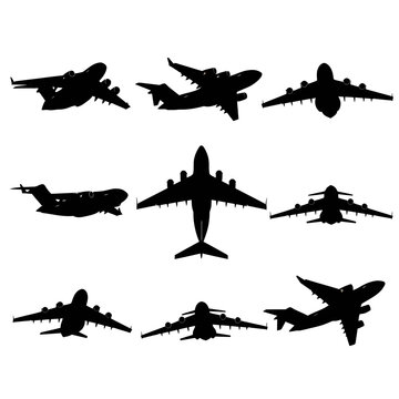 Multi-Angle Military Transport Plane Silhouette Vector Graphics