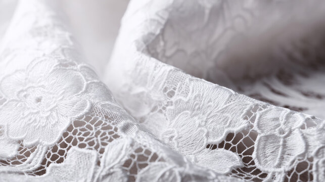 White lace fabric displays intricate floral embroidery, creating a delicate, soft texture and elegant pattern for various design needs