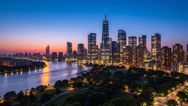 City skyline at dusk modern skyscrapers and river view at sunset