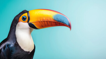 Obraz premium Toucan portrait showcasing its distinctive vibrant beak and striking blue eye, standing out against a simple turquoise background