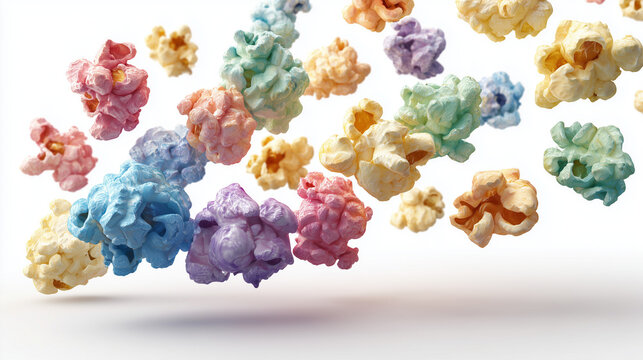 colorful rainbow popcorn floating in mid air on white background, group of multi colored sweet popcorn kernels flying, isolated vibrant popcorn snack macro