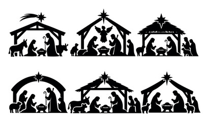 Fototapeta premium Collection of Christmas nativity scene silhouettes depicting the birth of Jesus, symbolizing faith, peace, and holiday tradition
