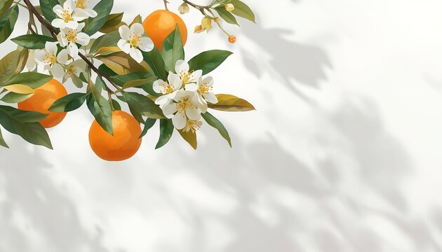 Orange tree branch with ripe fruit green leaves and white blossoms isolated on light background for citrus botanical stock photo