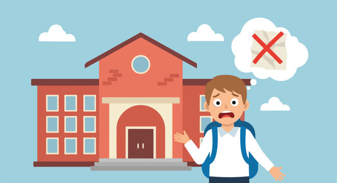Worried schoolboy with backpack thinking of a failed test by a red brick school