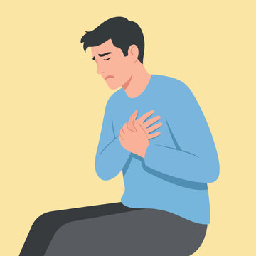 A young man clutching his chest in pain, flat vector illustration, heart attack
