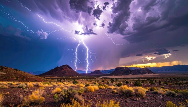 Dramatic Lightning Strikes Over Arid Desert Landscape During Sunset With Dramatic Clouds and Distant Mountains