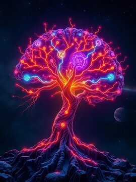 Ancient brain tree with glowing neural pathways, brain,  branches