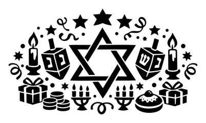 Obraz premium Hanukkah symbols and objects arranged in a decorative arch, featuring a Star of David, lit candles, dreidels, and presents