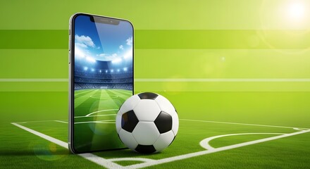 Obraz premium Smartphone displaying soccer game with football on a green field