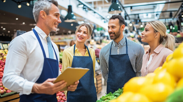 Supermarket manager discussing work with a diverse team of employees in the fresh produce section