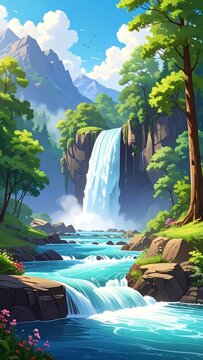 Waterfall flows down lush, green cliff face into turquoise stream on sunny day