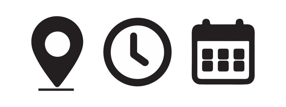Modern black icon set featuring location pin, clock, and calendar symbols. Perfect for mobile apps, booking systems, scheduling tools, event management, reminders, maps, and user interface design.