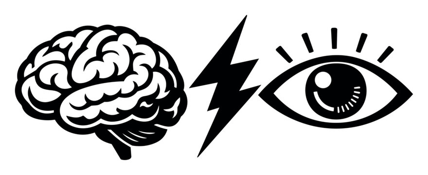 Brain and human eye icon with a lightning bolt visualizing the neural connection, mental activity, and quick understanding