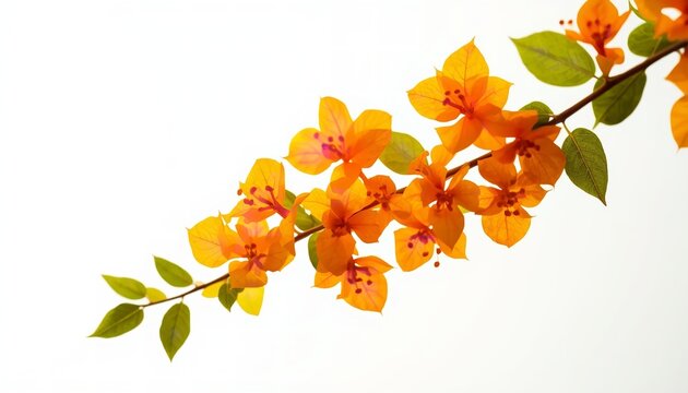 Bougainvillea branch with bright orange bracts and magenta centers with green leaves isolated on white background for floral design