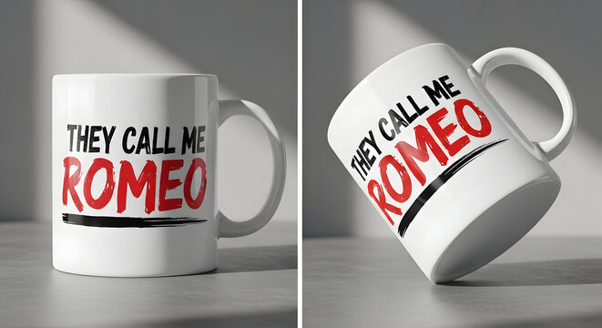 A white coffee mug with a colorful romeo text