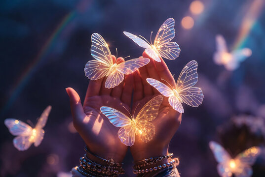 Glowing butterflies float in the air, held gently within hands adorned with jewelry. A mystical, twilight setting is suggested by the dark background and shimmering lights.