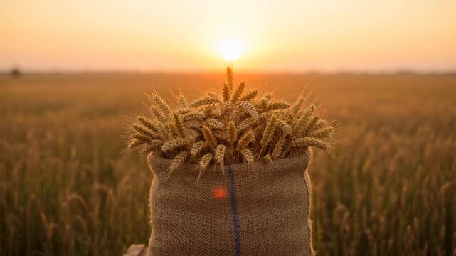A burlap sack overflowing with ripe wheat stalks stands in a golden field during a warm sunset, symbolizing abundance and harvest