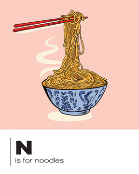 Flash card poster design with N is for Noodles vector illustration 