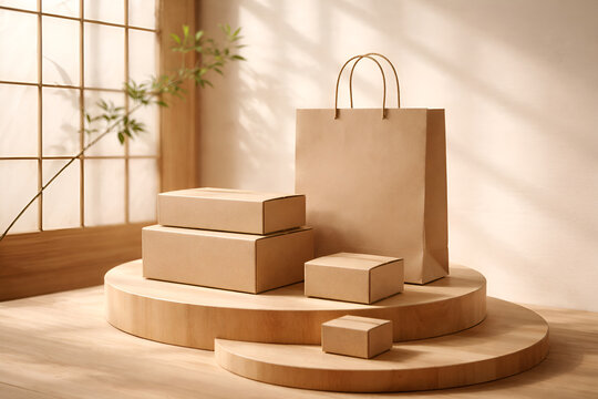 Minimal kraft boxes arranged on wooden podium platforms with warm natural lighting. Perfect for product mockups, eco branding, packaging design and modern minimalist advertising visuals.