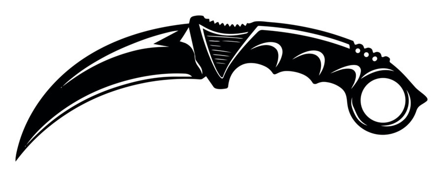 Karambit knife illustration featuring a curved blade, ergonomic handle, and finger ring, depicting a tactical weapon