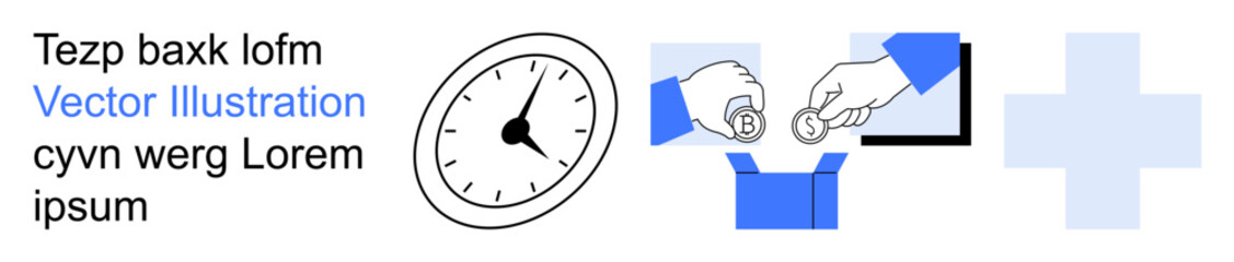 Obraz premium Time management, healthcare services, charity, donation, volunteer work, social responsibility. Clock, hands giving coins and medical cross. Time management and healthcare concepts illustrated
