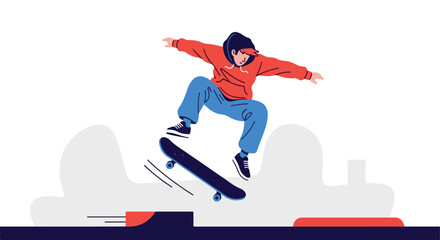 Fototapeta premium Skater in red hoodie performing an aerial jump trick at a modern urban skatepark