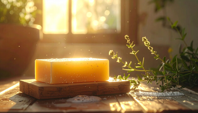 Soap bar and wooden surface