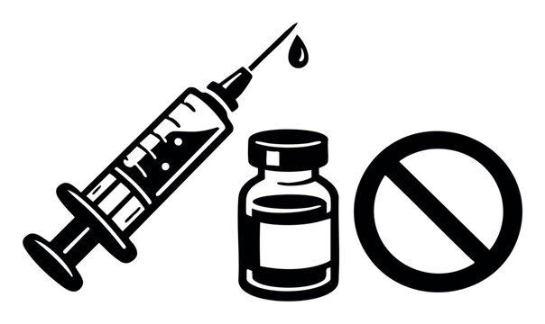 Syringe with a drop, medicine vial, and a crossed-out circle indicating no drugs, ban on addiction, or restricted medical use