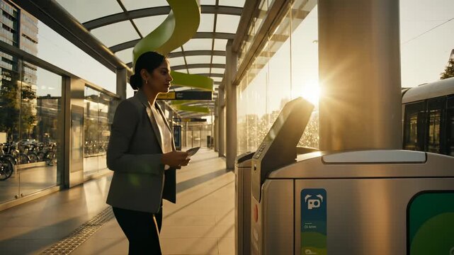 Businesswoman scans ticket at station turnstile. Commuter woman enters transport gate. Businesswoman uses ticket card for metro access. Transport turnstile scanning. Commuter passes station gate entry