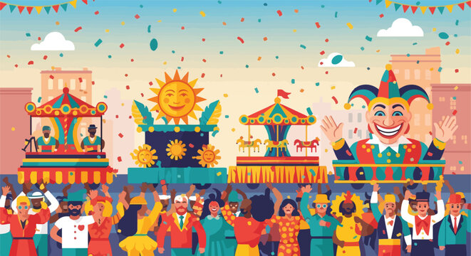 Colorful carnival parade with jester, sun floats, confetti and a cheering crowd