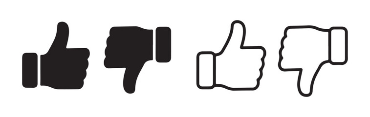 Set of thumbs up and down icons solid and outline on transparent background vector. © Moni