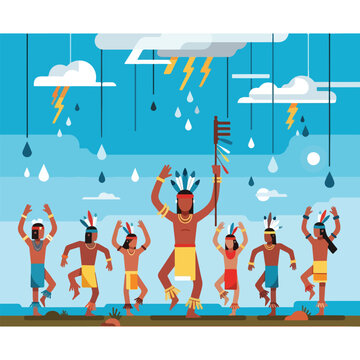 Indigenous tribes performing a ritual rain dance with headdresses and lightning
