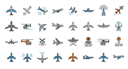 Fototapeta premium Collection of various airplane and helicopter icons.