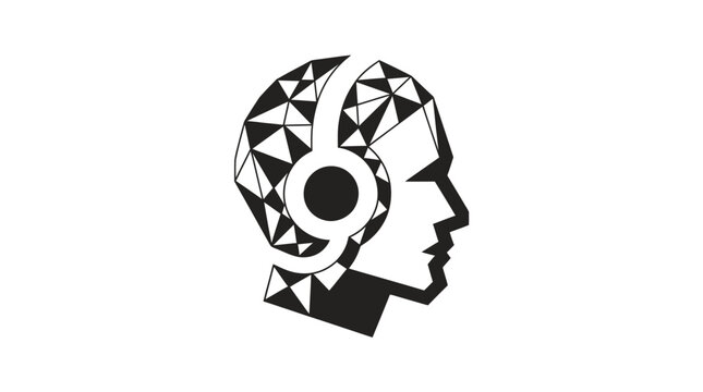 Geometric Head with Headphones Icon, AI Technology and Music Symbol, Black and White Line Art