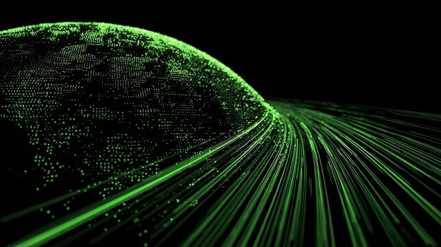 Futuristic green digital sphere with data streams