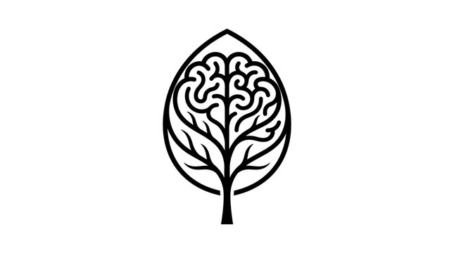 Black and white line art of a brain within a leaf, representing intelligence, growth, and nature.
