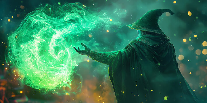 Wizard casting a spell with luminous swirling green smoke