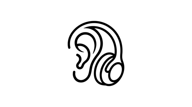 Black and White Line Art Logo of a Human Ear with Headphones, Technology Concept