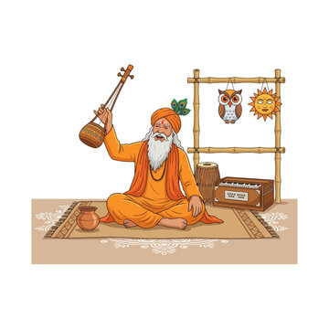 Traditional Baul singer playing Ektara musical instrument in a village setting with sun and owl symbols celebrating Pohela Boishakh and Bengali New Year folk music cultural illustration design.
