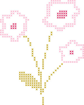 Colorful Cross Stitch Floral Motifs, Embroidery Style Pixel Flowers, Needlework Stitch Pattern Elements for Craft Designs