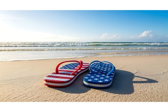 Patriotic flip-flops on sandy beach shoreline with american flag, footwear fashi