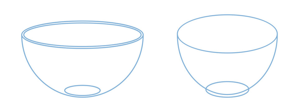 Vector set of two empty transparent glass bowl outline in blue line on white background. Simple kitchen container illustration for salad, soup, dessert and food design template.