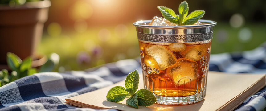 Refreshing mint julep cocktail in glass on picnic blanket outdoors - Concept of Kentucky derby  